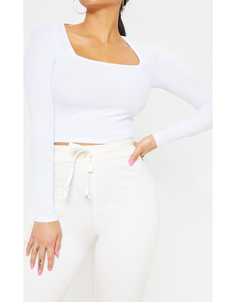 Petite White Square Neck Ribbed Long Sleeve Crop Top - 4