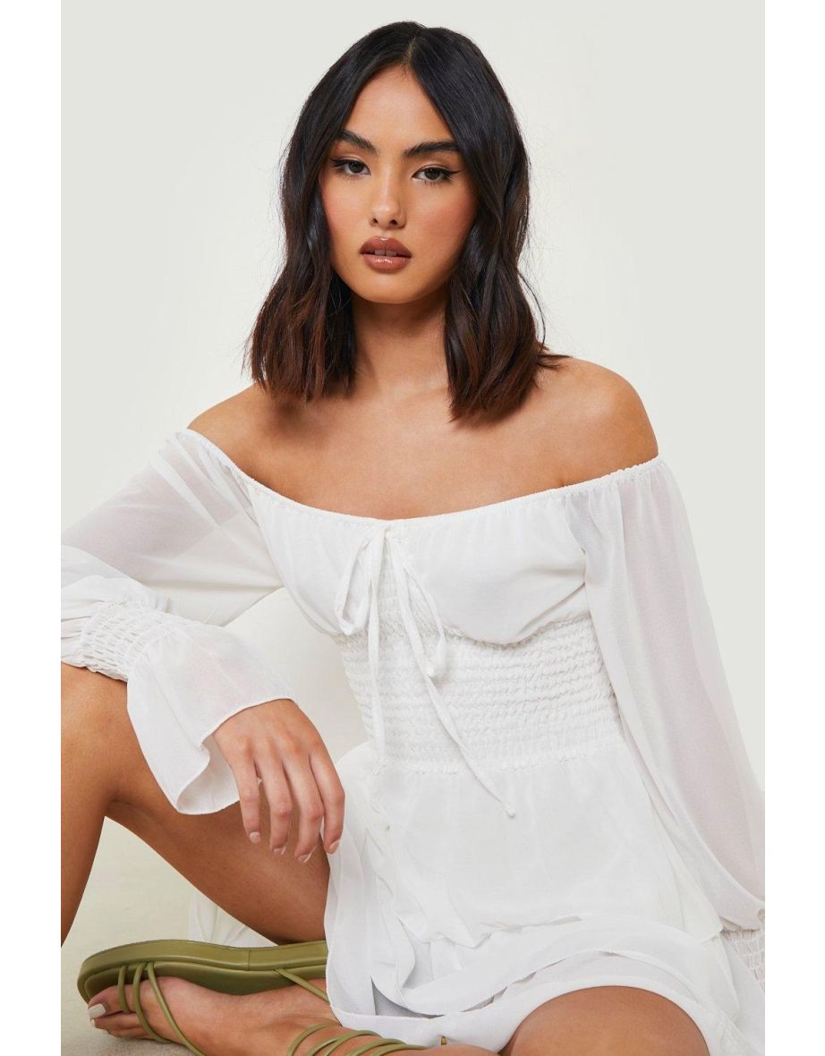 Chiffon Shirred Bardot Mini Dress - white - 3