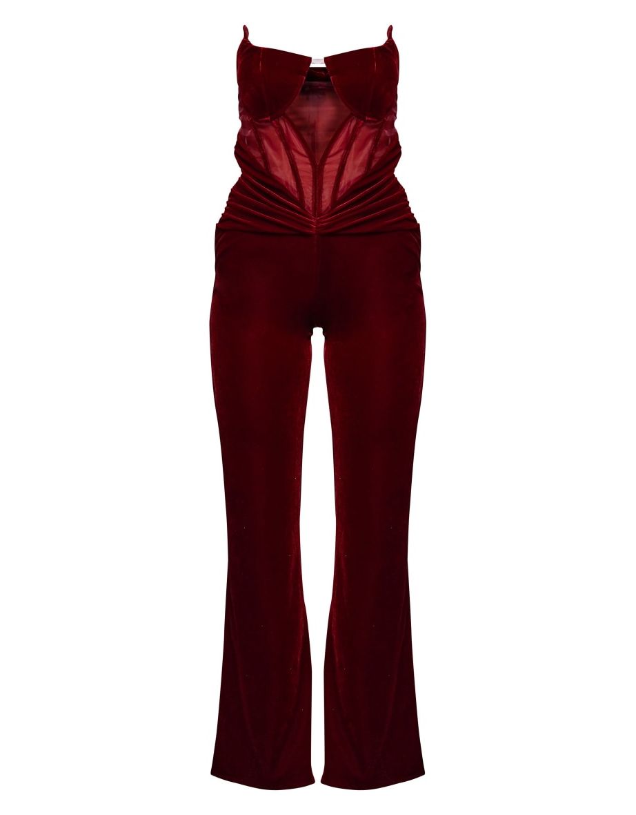 Shop Cherry Red Velvet Corset Bandeau Ruched Jumpsuit Online