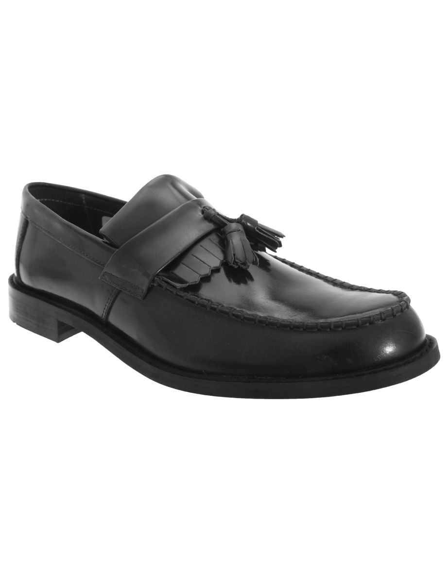 Roamers Mens Toggle Saddle Hi-Shine Leather Loafers - Black