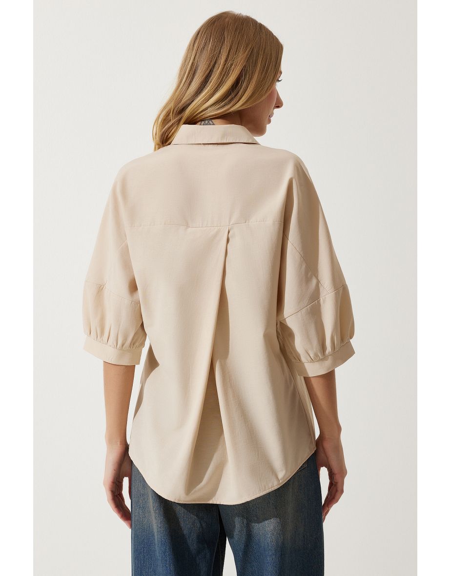 Women's Cream Balloon Sleeve Poplin Shirt - 5