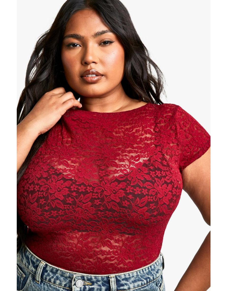 Plus Cap Sleeve Lace Top - burgundy - 3