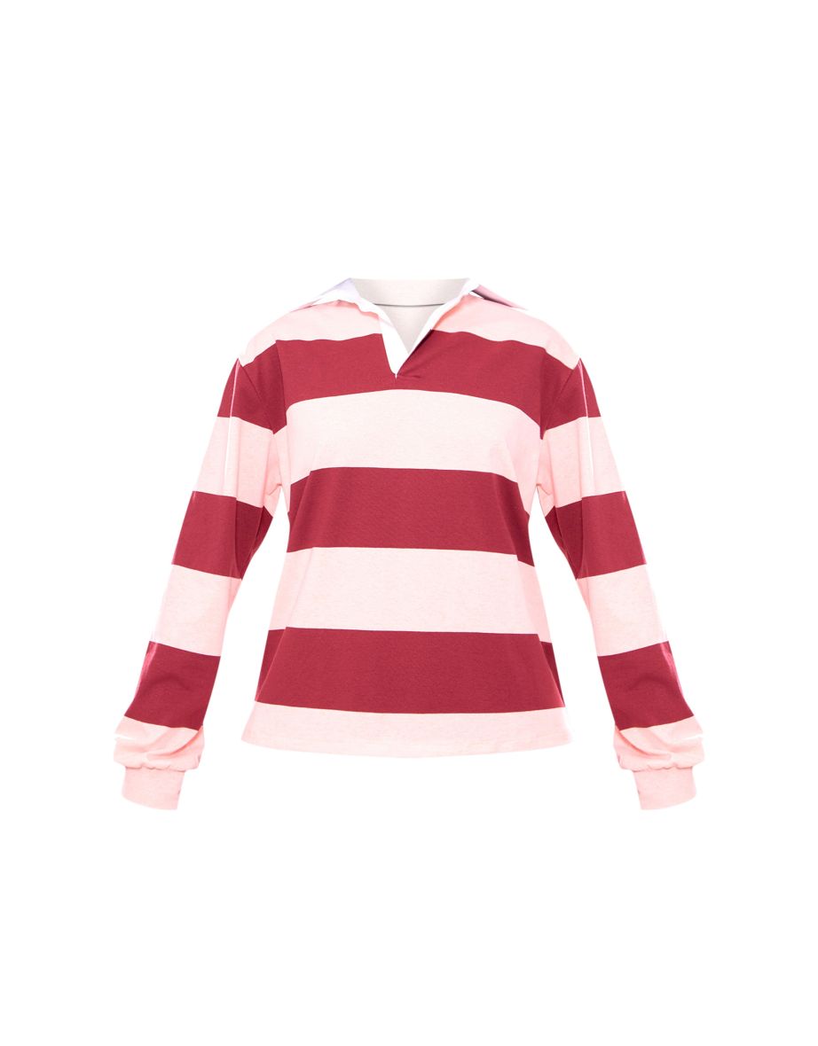 Burgundy Striped Collar Detail Long Sleeve T Shirt - 4