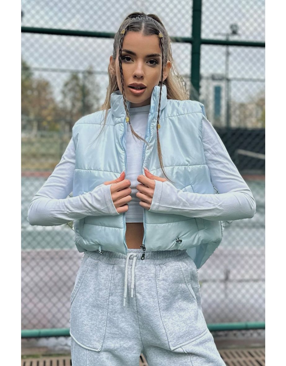 Women's Blue Standing Collar Double Pockets Fully Filled Inflatable Vest with an Adjustable Waist