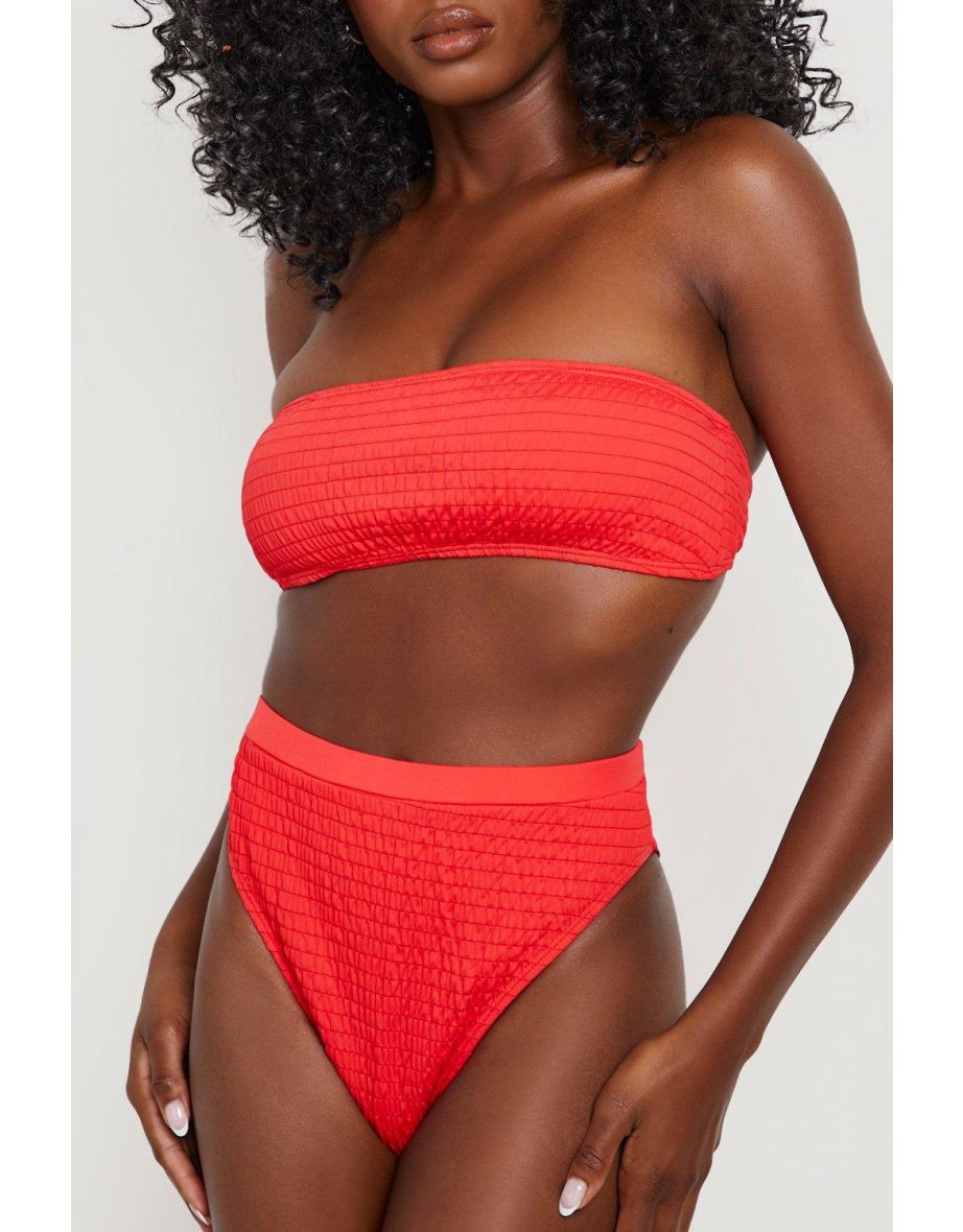 Shirred High Waisted Bikini Brief - red - 2