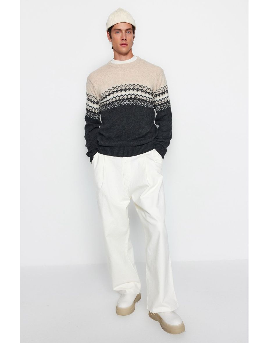 Anthracite Slim Fit Crew Neck Panel Jacquard Knitwear Sweater