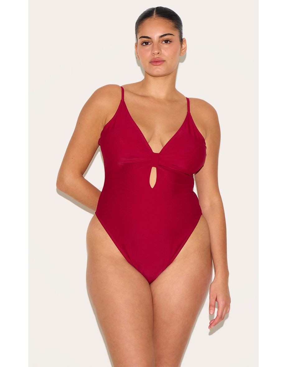Plus Burgundy Knot Front Cut Out Swimsuit