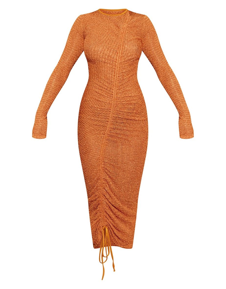 Ruched Bodycon Midi Dress with Long Sleeve - 4