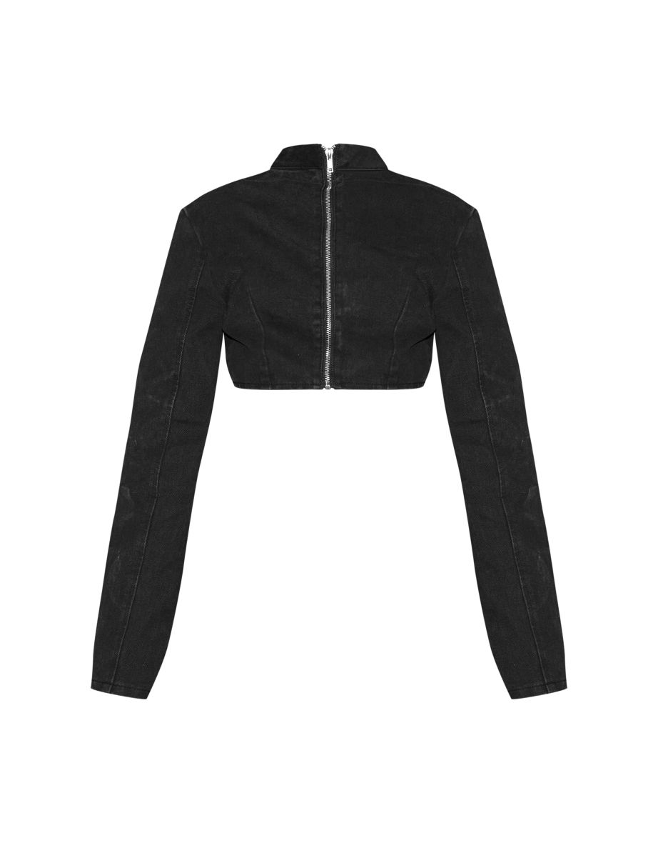 Black Long Flared Sleeve Denim Crop Top - 4
