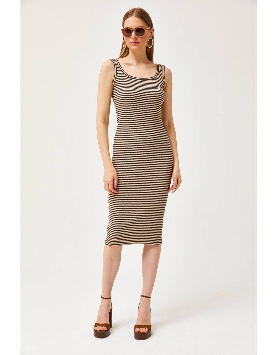 Women's Brown Stone Thick Strap Lycra Midi Dress