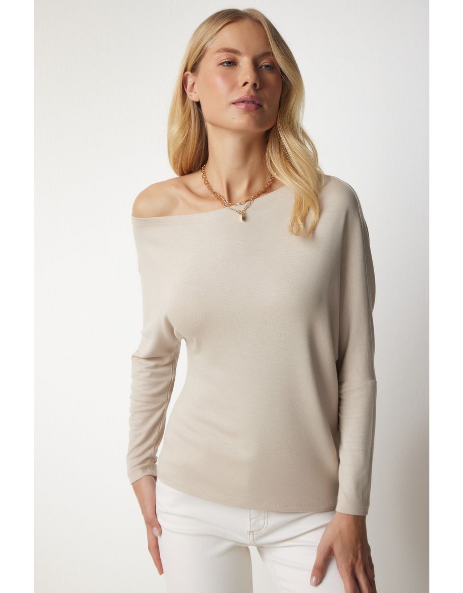 Women's Beige Boat Collar Knitwear Blouse