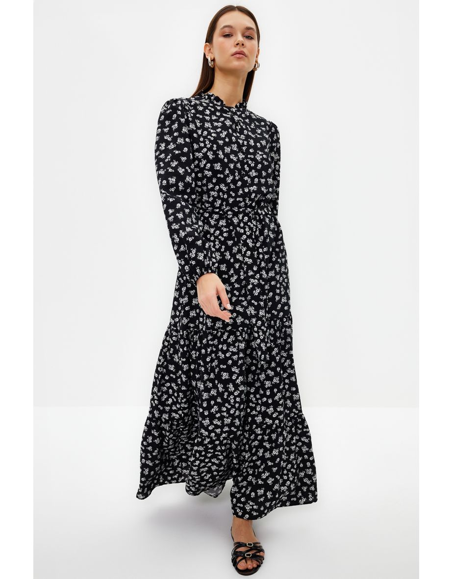 Shop Black Belted Skirt Flounce Floral Pattern Lined Woven Dress Online in Qatar VogaCloset