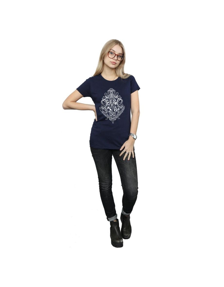 Harry Potter Womens/Ladies Hogwarts Draco Dormiens Crest Cotton T-Shirt - Navy Blue - 3