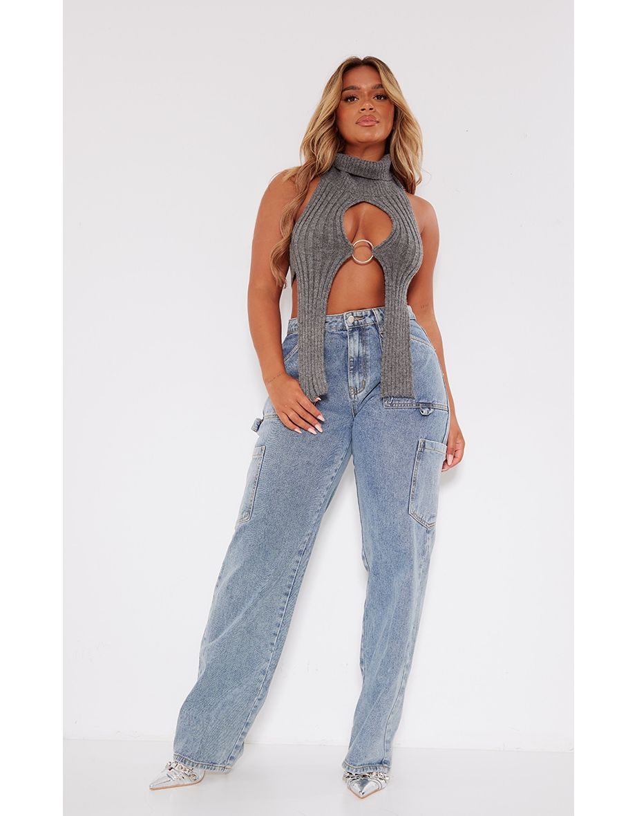 Shape Charcoal Grey Knit Cut Out Ring Detail Crop Top - 3