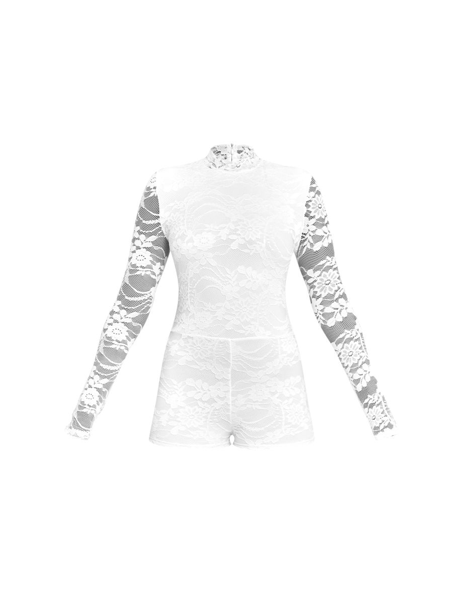 White Lace Lined Long Sleeve Boat Neck Playsuit - 4