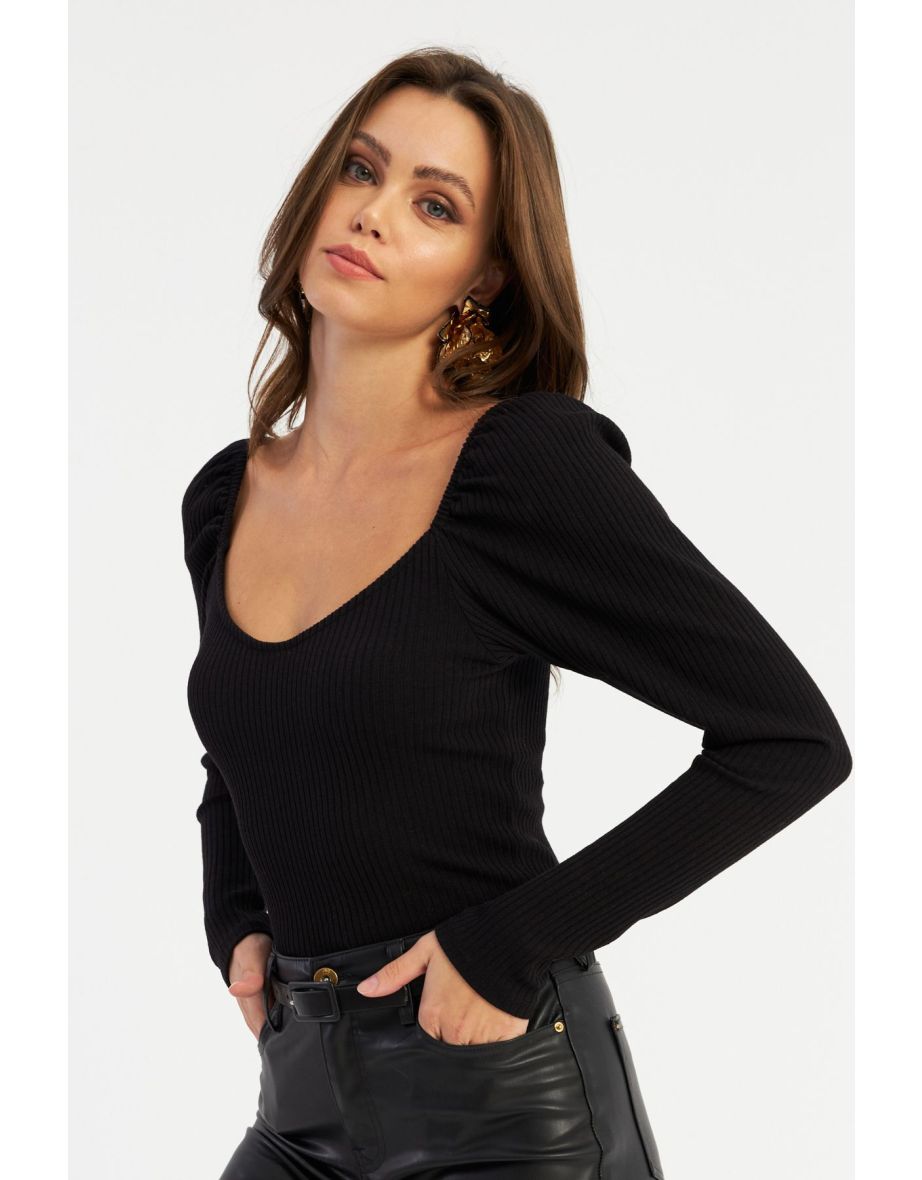 Women's Black Balloon Sleeve Blouse