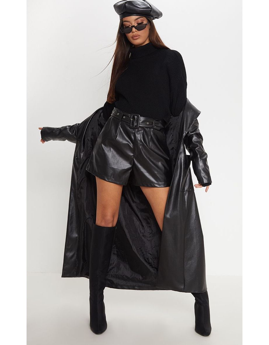 Black Faux Leather Belted Short