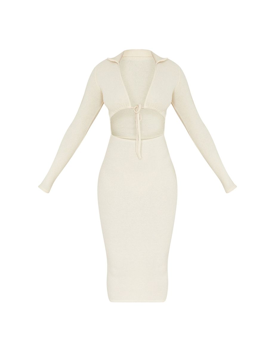 Stone Tie Bust Detail Brushed Rib Long Sleeve Midaxi Dress - 4