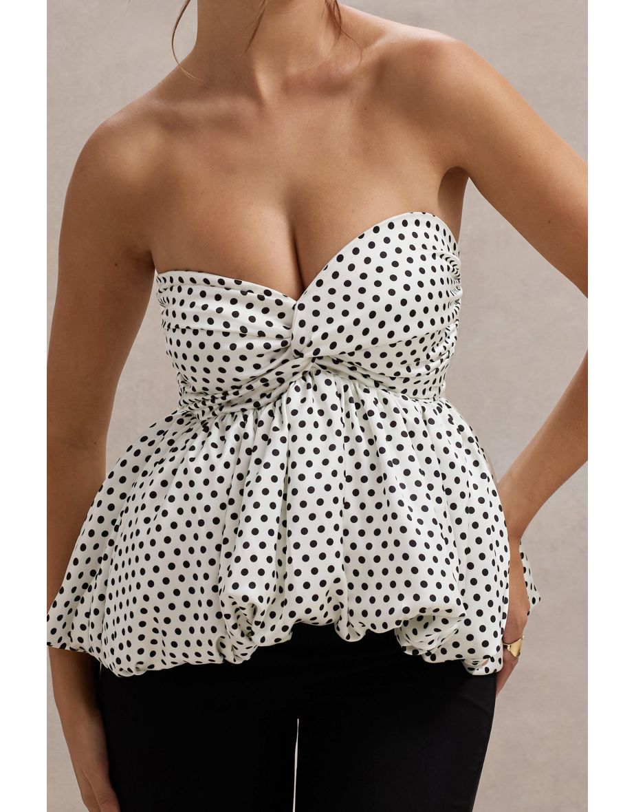 Divina | White & Black Polka Dot Strapless Ruffled Jumpsuit - 5