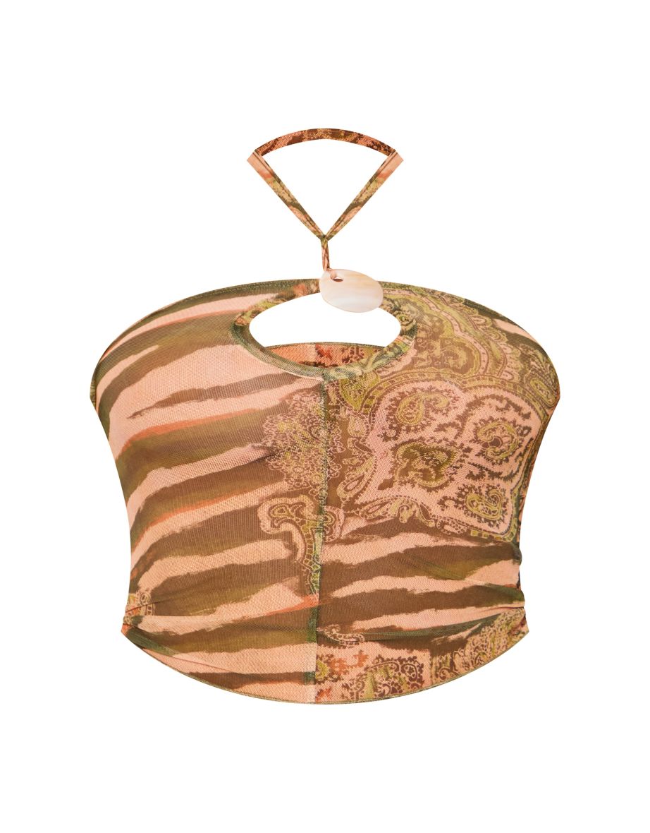 Brown Shell Detail Printed Mesh Halter Neck Crop Top - 4