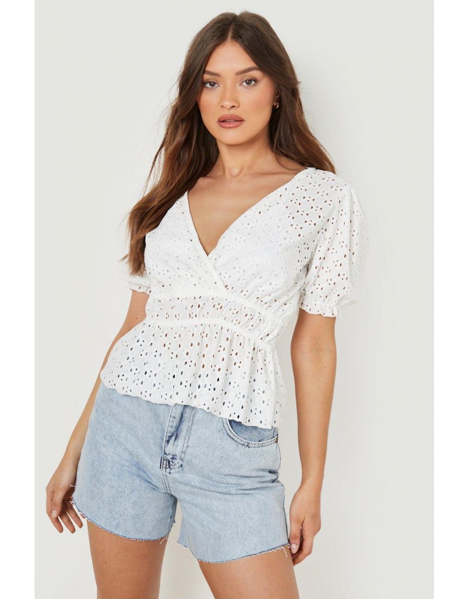 Jersey Broderie Anglais Wrap Frill Top - white - 3