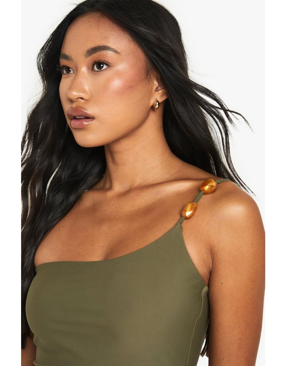 Resin Stone One Shoulder Swimsuit - khaki - 3