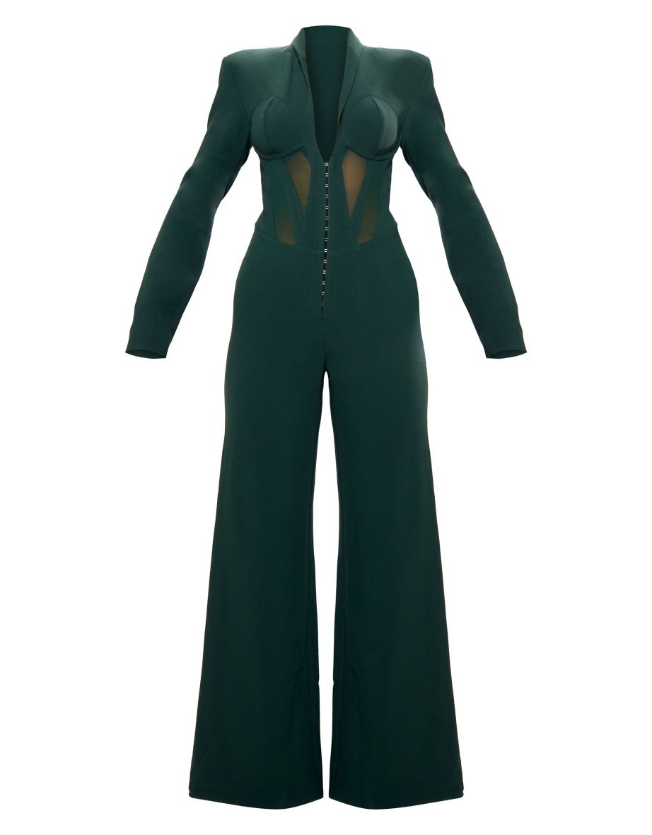 Emerald Green Mesh Panel Tailored Wide Leg Jumpsuit - 4