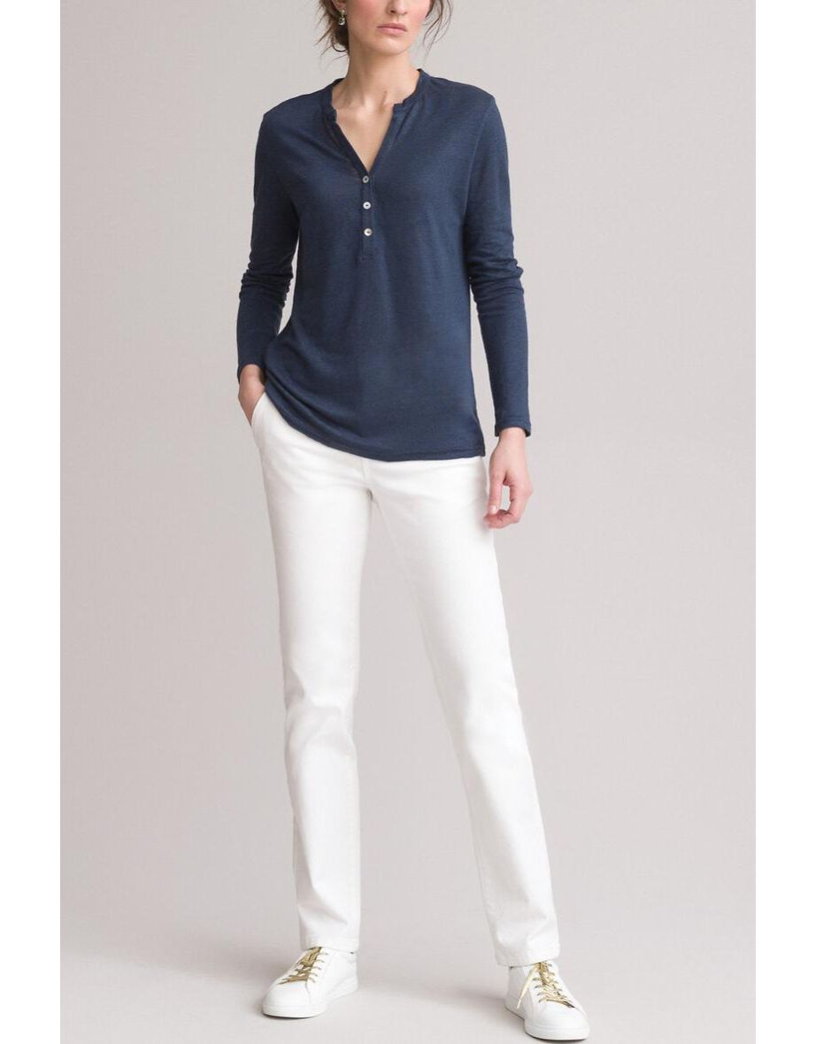 Linen Grandad Collar T-Shirt with Long Sleeves