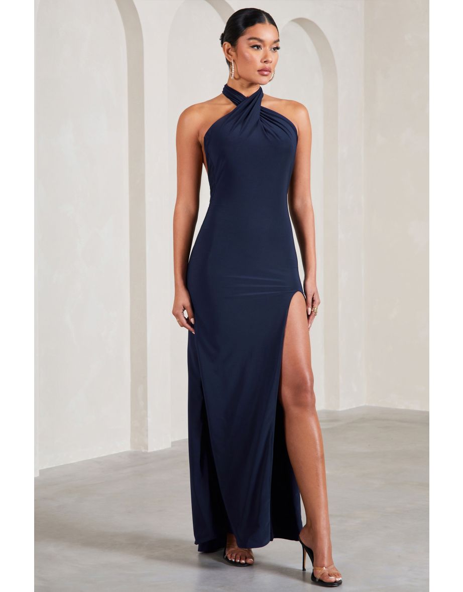 Star Quality | Navy Halter-Neck Open-Back Split Maxi Dress - 4