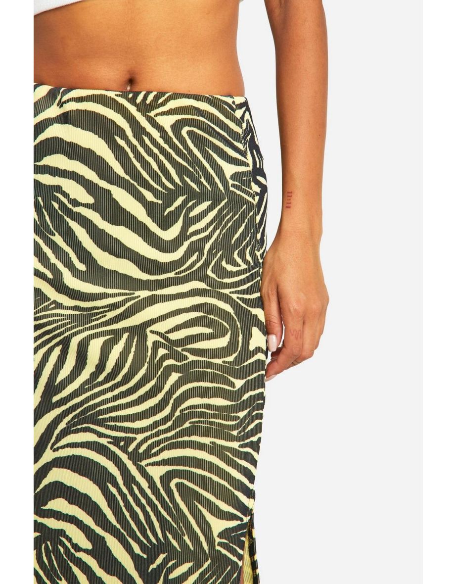 Zebra Print Rib Side Split Midi Skirt - lemon - 3