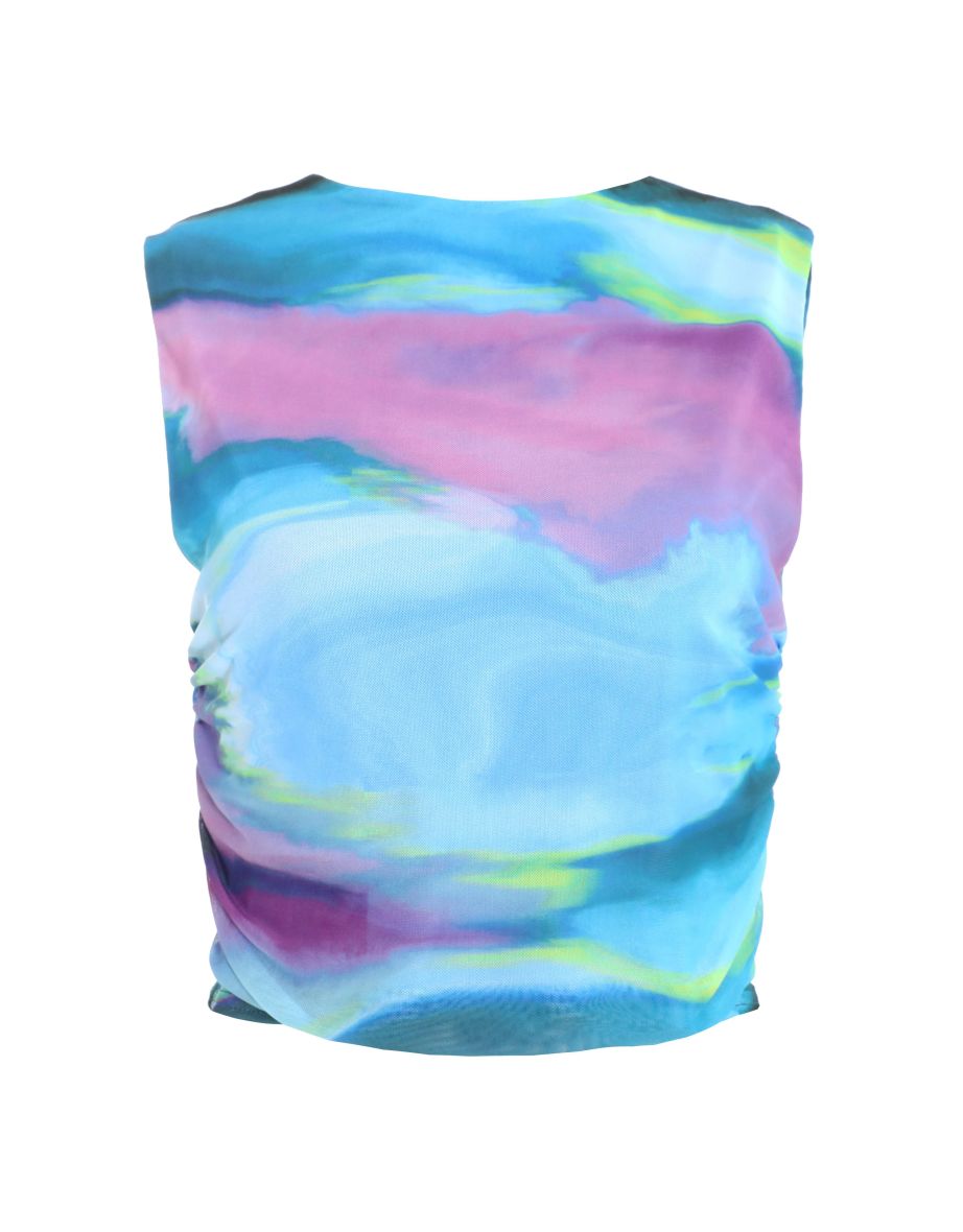 Blue Abstract Print Mesh Top - 5