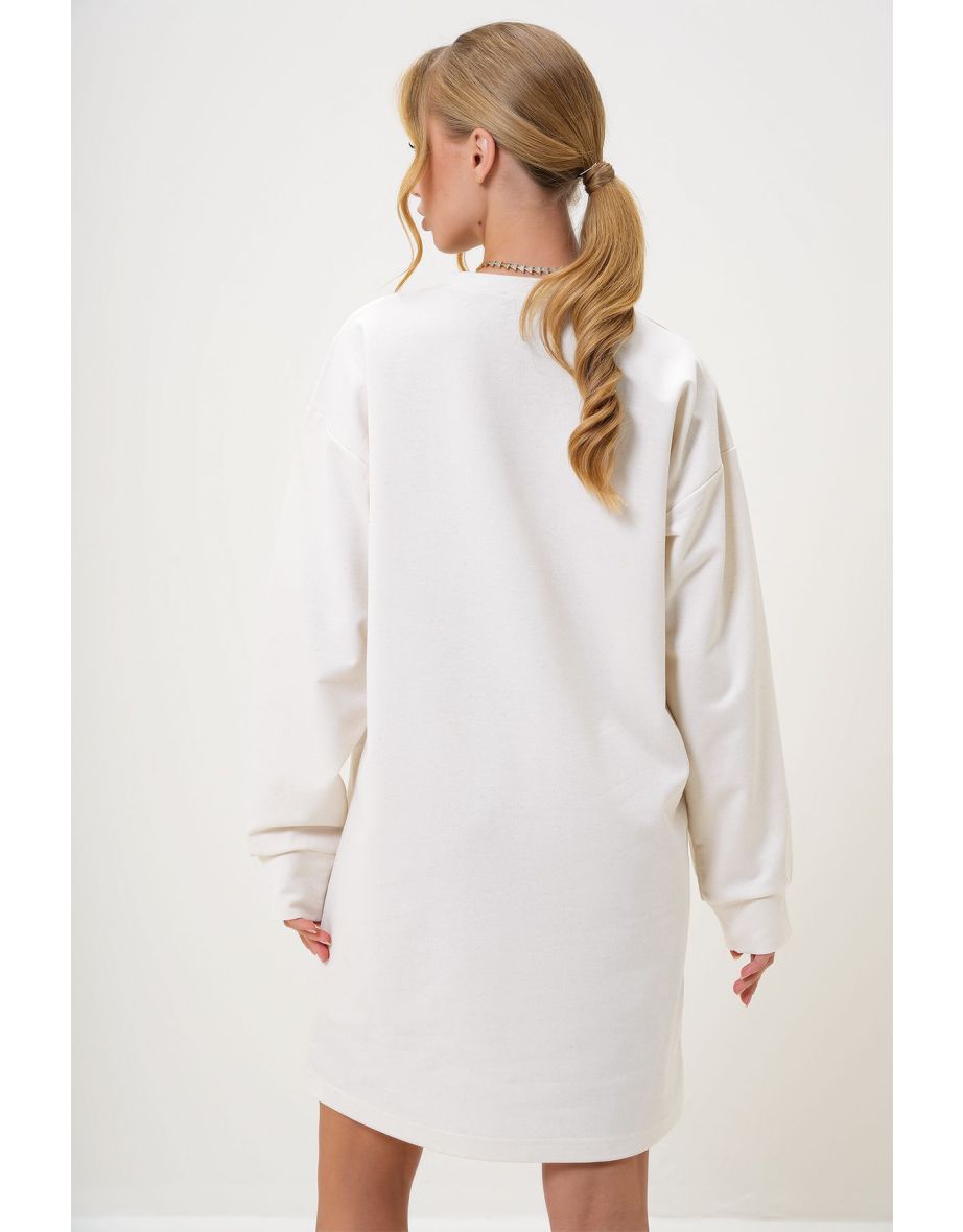 Women's Ecru Crew Neck Sweatshirt Dress - 5