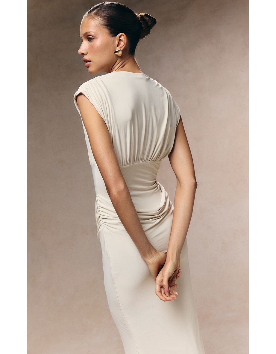 Cream Double Layer Plunge Ruched Shoulder Drape Waist Maxi Dress - 3