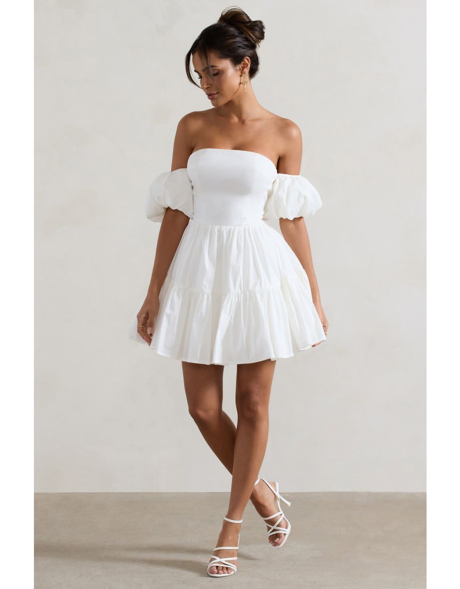 Lani | White Poplin Bardot Tiered Mini Dress With Puff Sleeves - 4