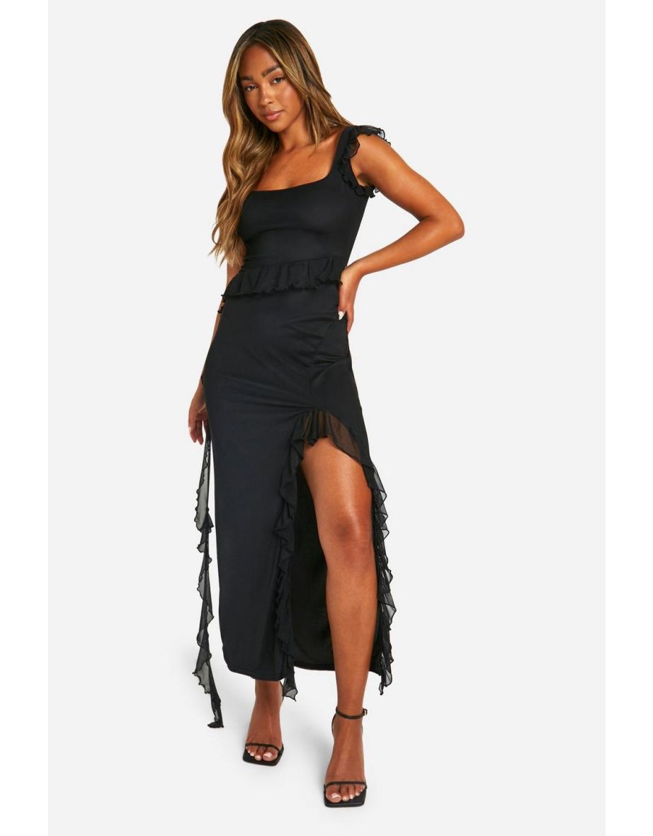 Shop Strappy Ruffle Split Maxi Dress black Online in Bahrain VogaCloset