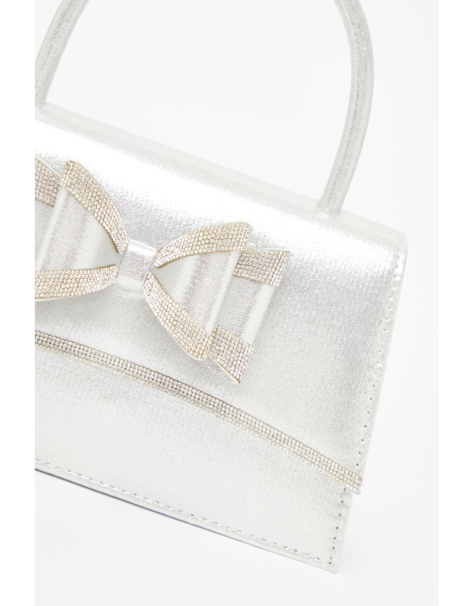Silver Satin Double Bow Bag - 4