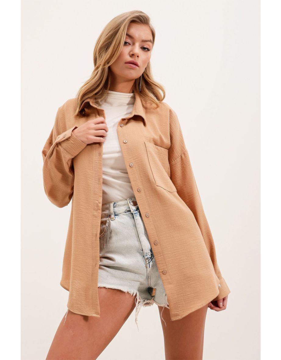 Single Pocket Oversize Linen Shirt - Biscuit