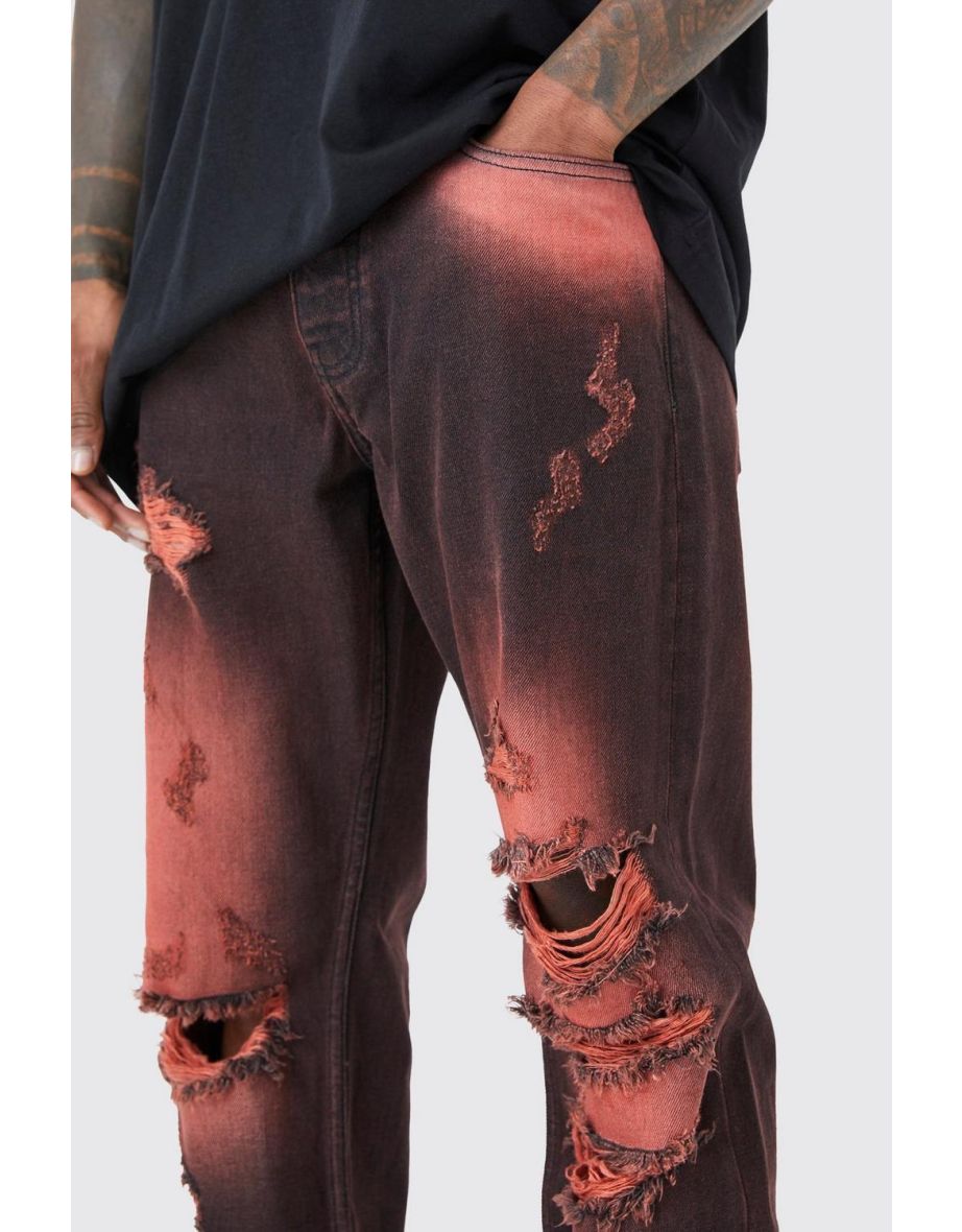 Straight Rigid Tinted Bleached Ripped Jeans - red - 2