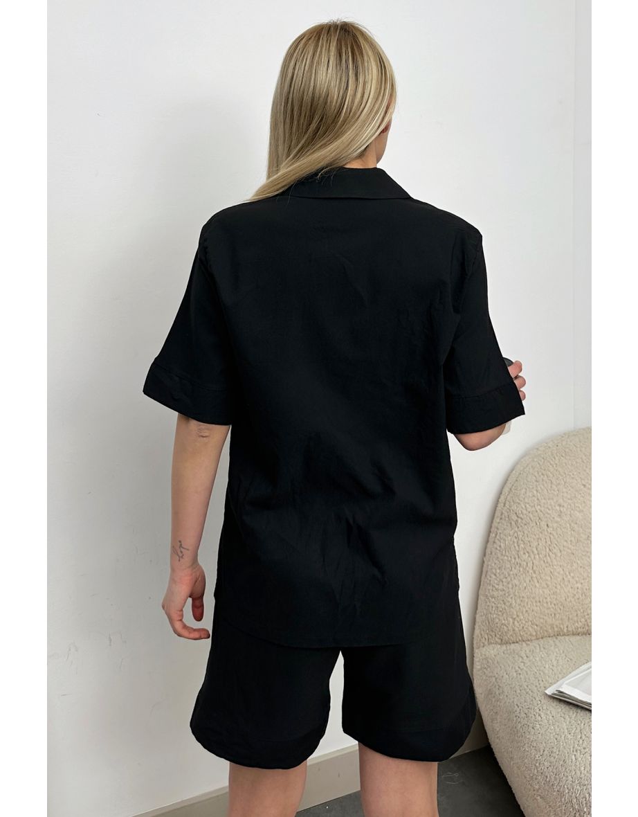 Women's Black Single Pocket Shorts Woven Pajamas Suit - 4