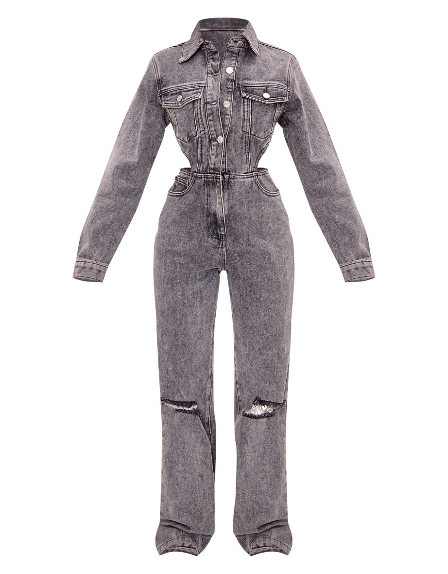 Petite Washed Grey Denim Cut Out Jumpsuit - 4