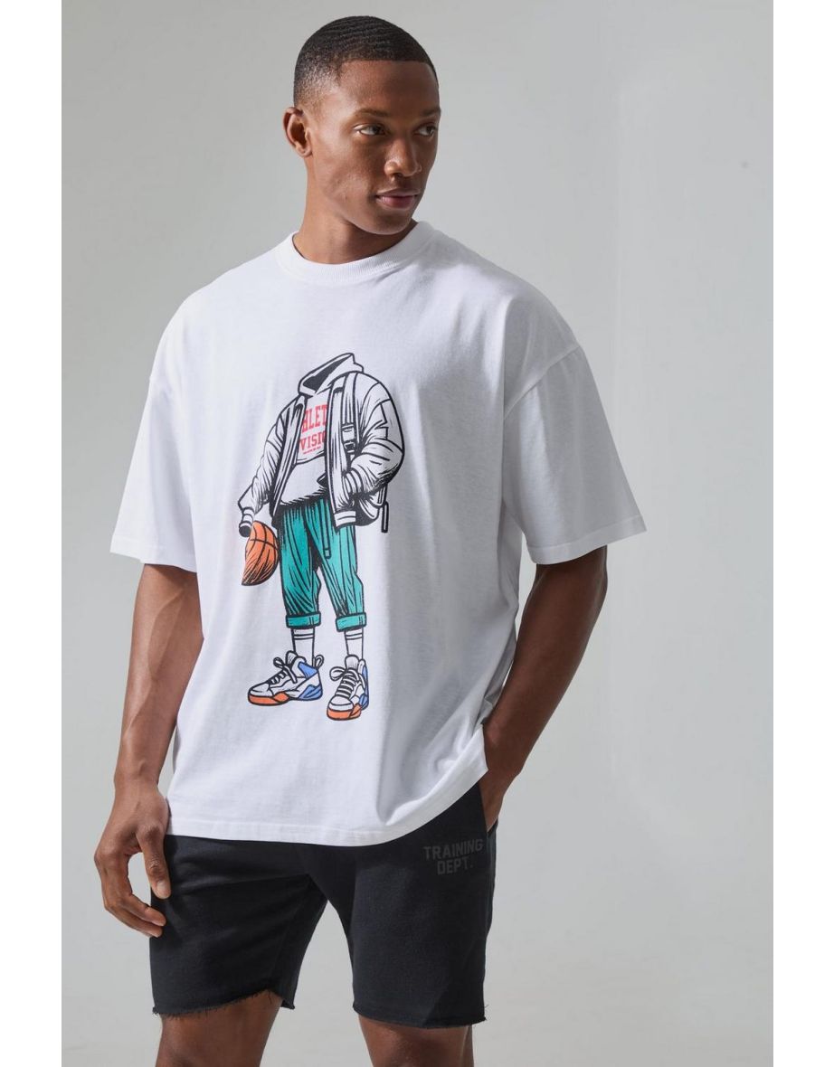 Man Active Oversized Athletic Basketball Graphic T-shirt - white