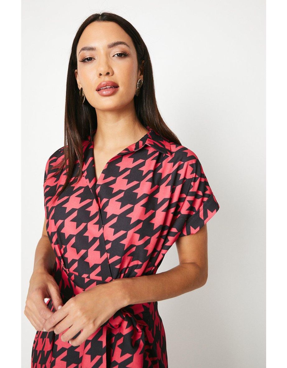 Dogtooth Print Front Tie Shirt Midi Dress - 3