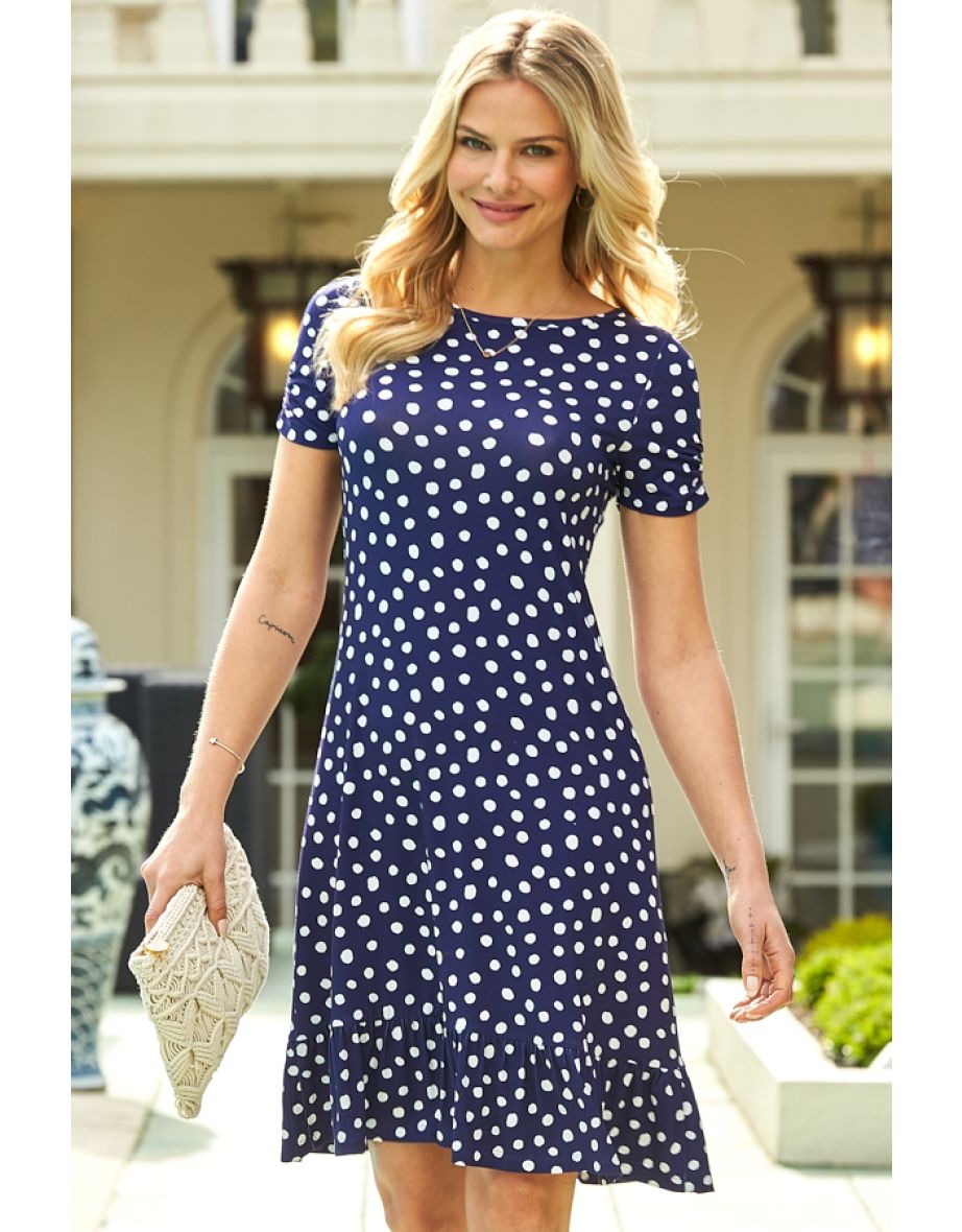 Navy & White Spot Print Ruched Sleeve Jersey Shift Dress - 4
