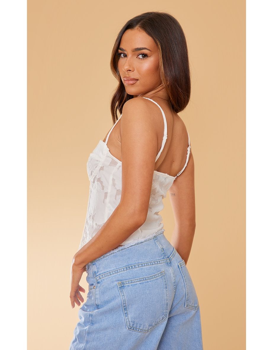 Shop White Floral Textured Button Detail Boned Corset Top