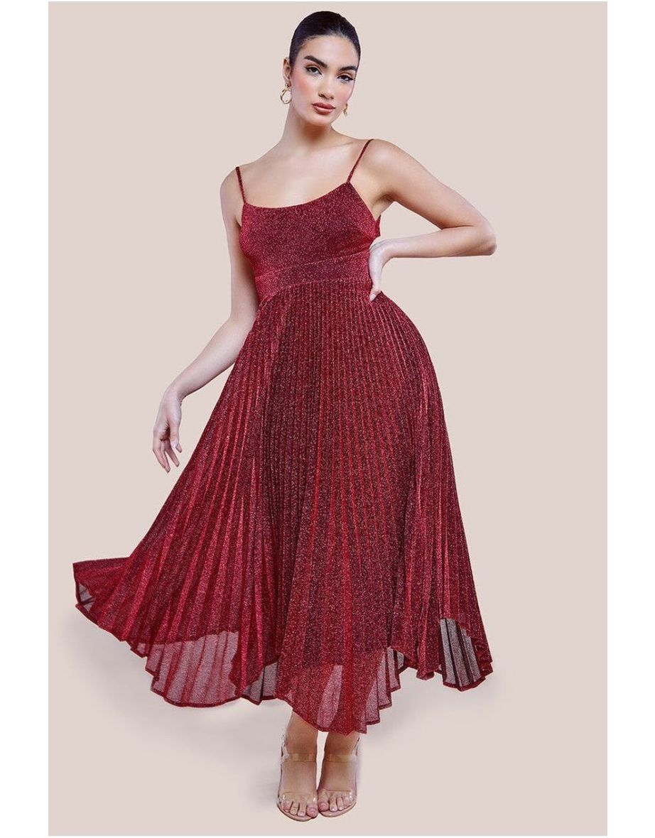 Goddiva Tie Back Pleated Lurex Skater Midaxi Dress