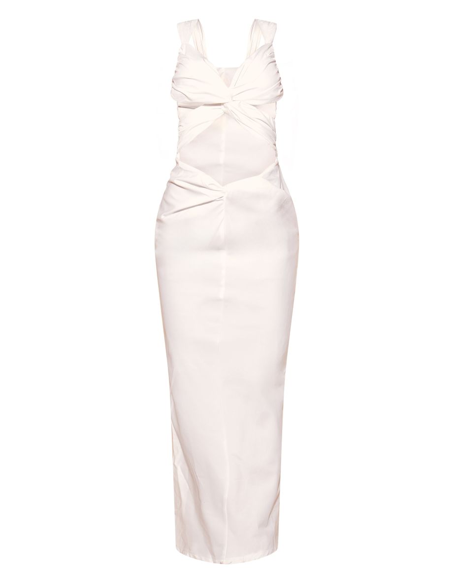 White Woven Cut Out Knot Front Detail Capped Sleeve Maxi Dress - 4