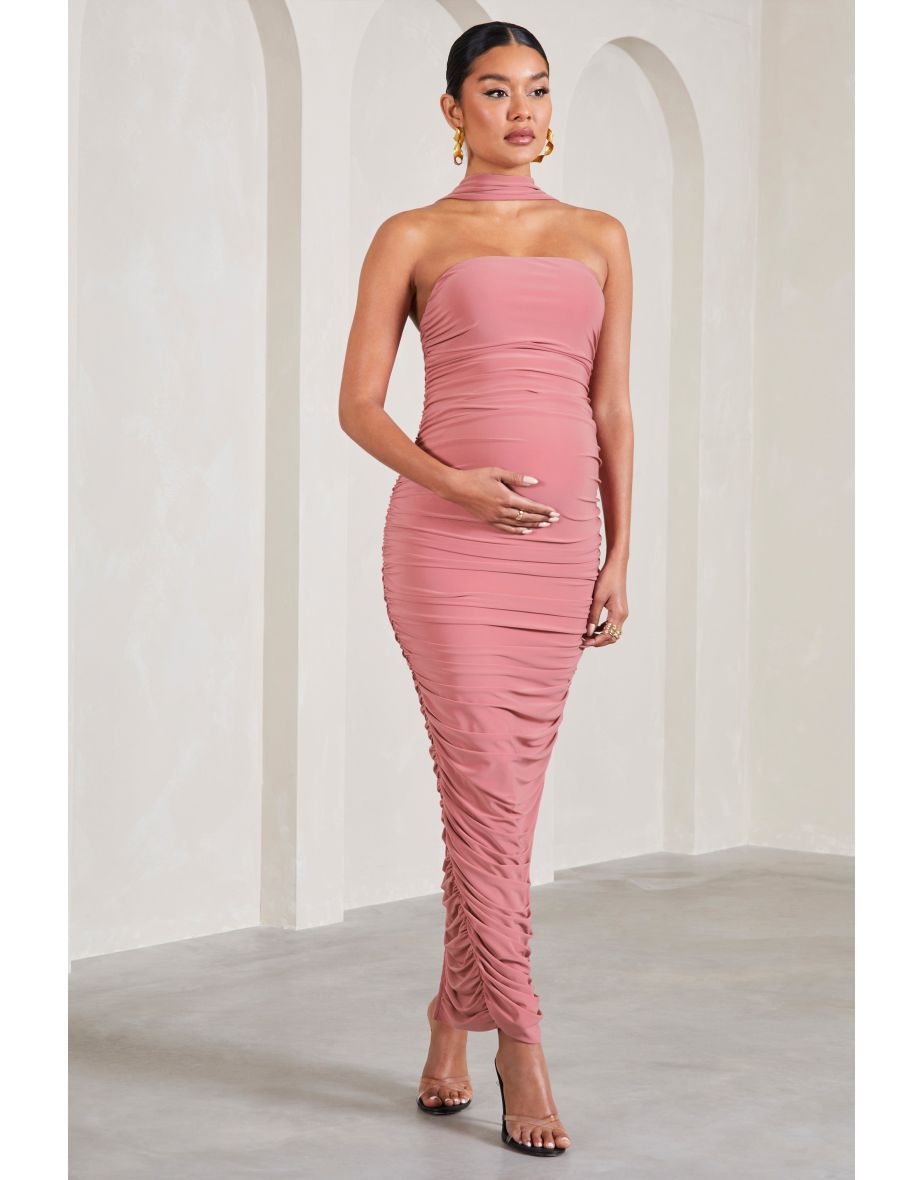 Truly | Blush Pink Ruched Maternity Maxi Dress With Halter Collar