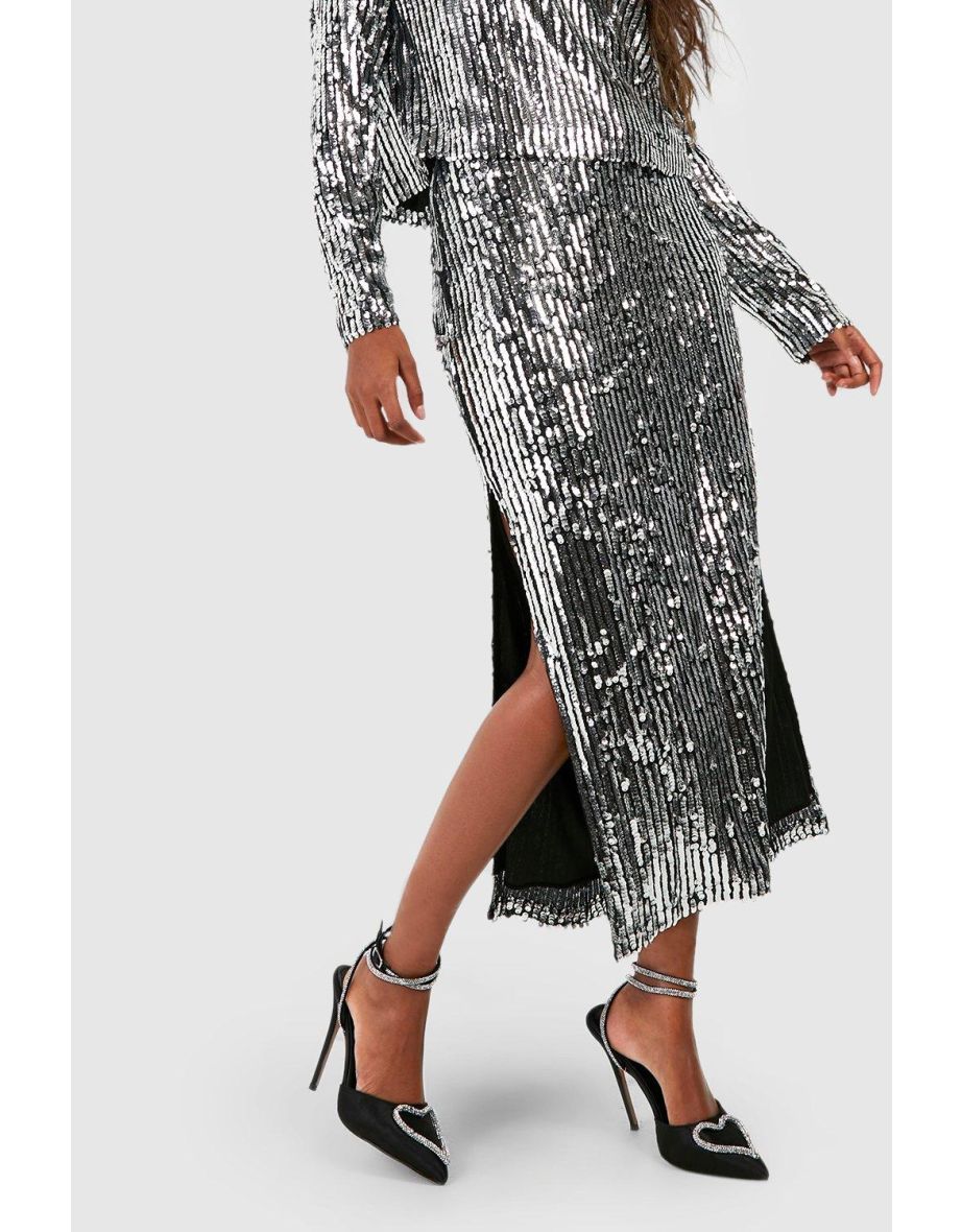 Premium Sequin Stripe Split Side Midaxi Skirt - black - 3