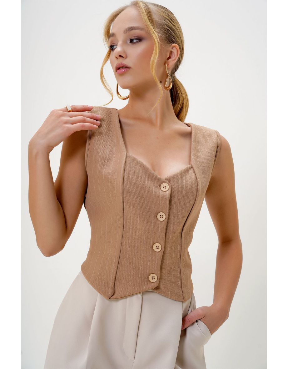 Women's Beige Heart Collar Buttons Striped Vest