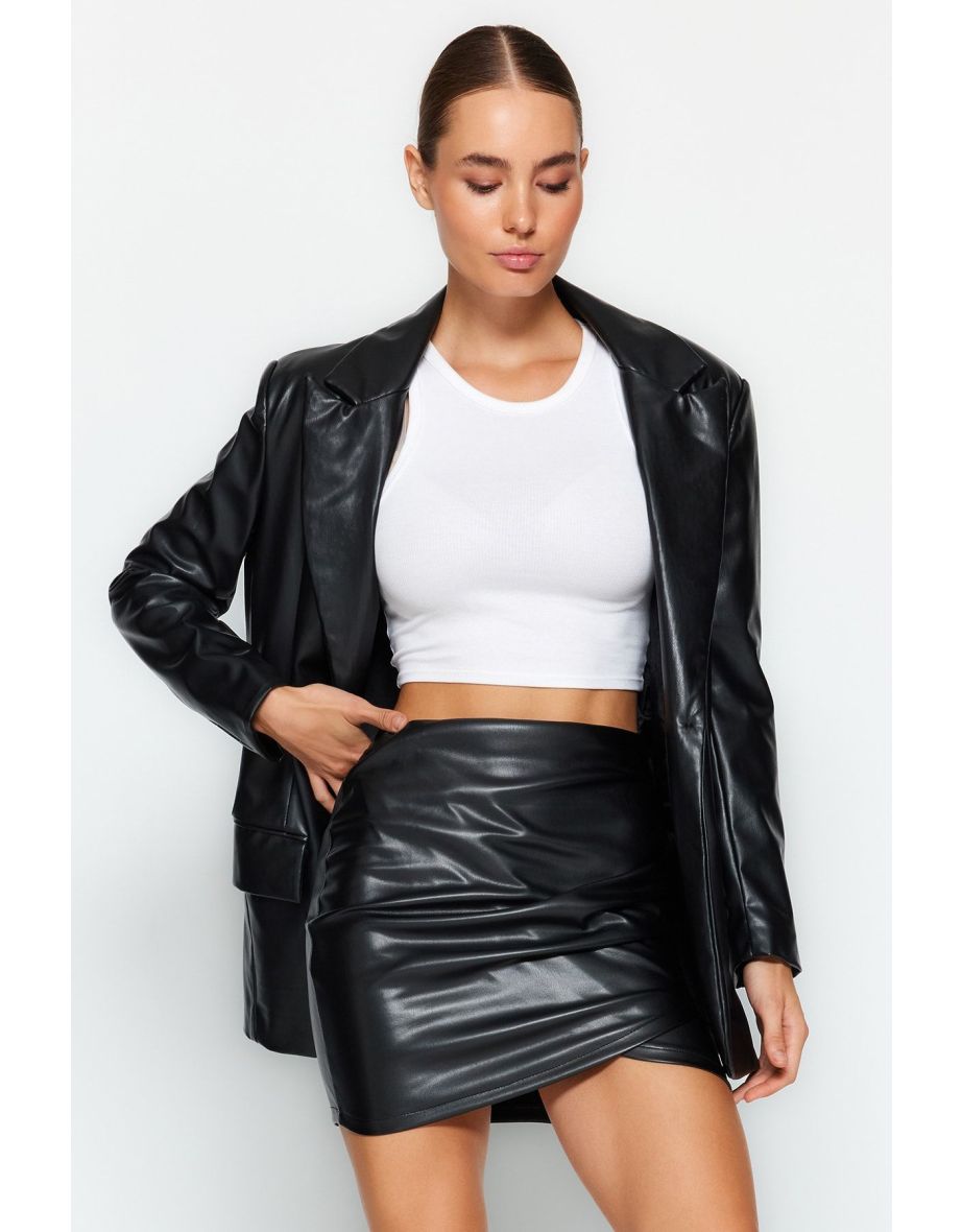 Black Faux Leather Draped High Waist Fitted Mini Skirt - 7